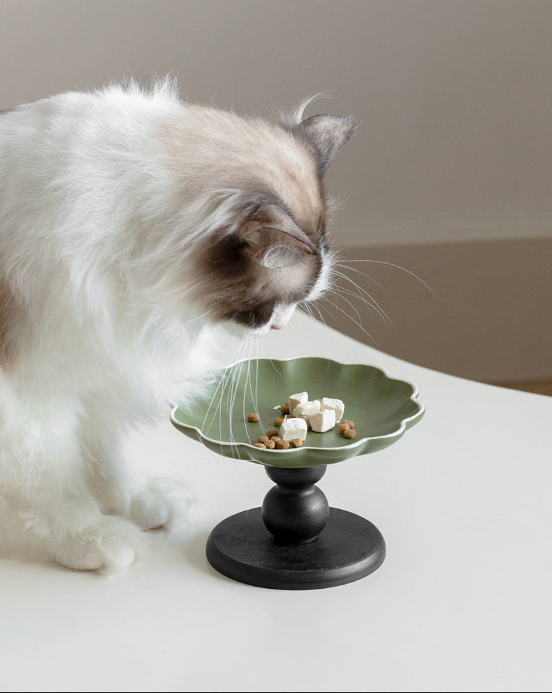 Vintage Petal Ceramic Elevated Pet Bowl with Wooden Base