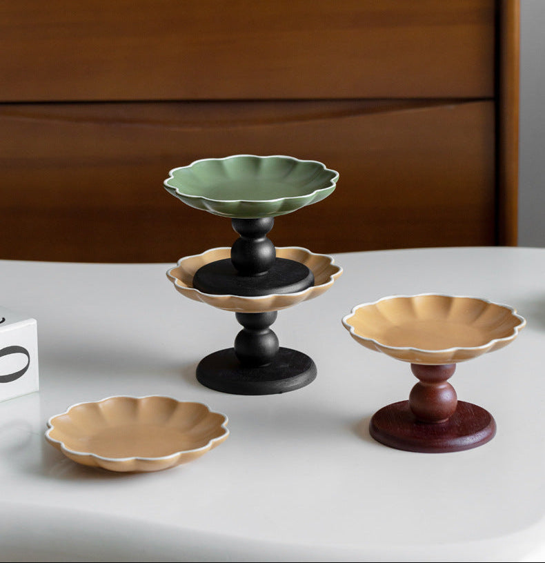 Vintage Petal Ceramic Elevated Pet Bowl with Wooden Base